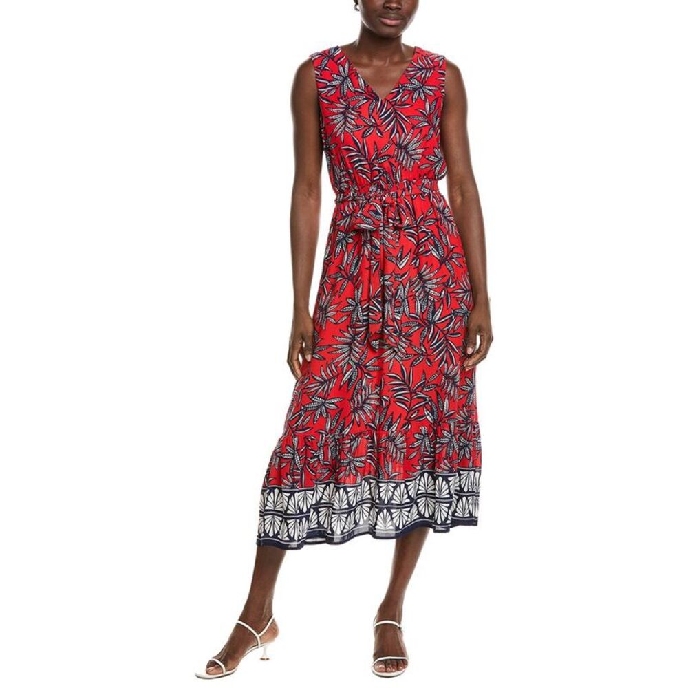 Jones New York Womens  V-Neck Sleeveless Smocked Waist Midi Dress, Red